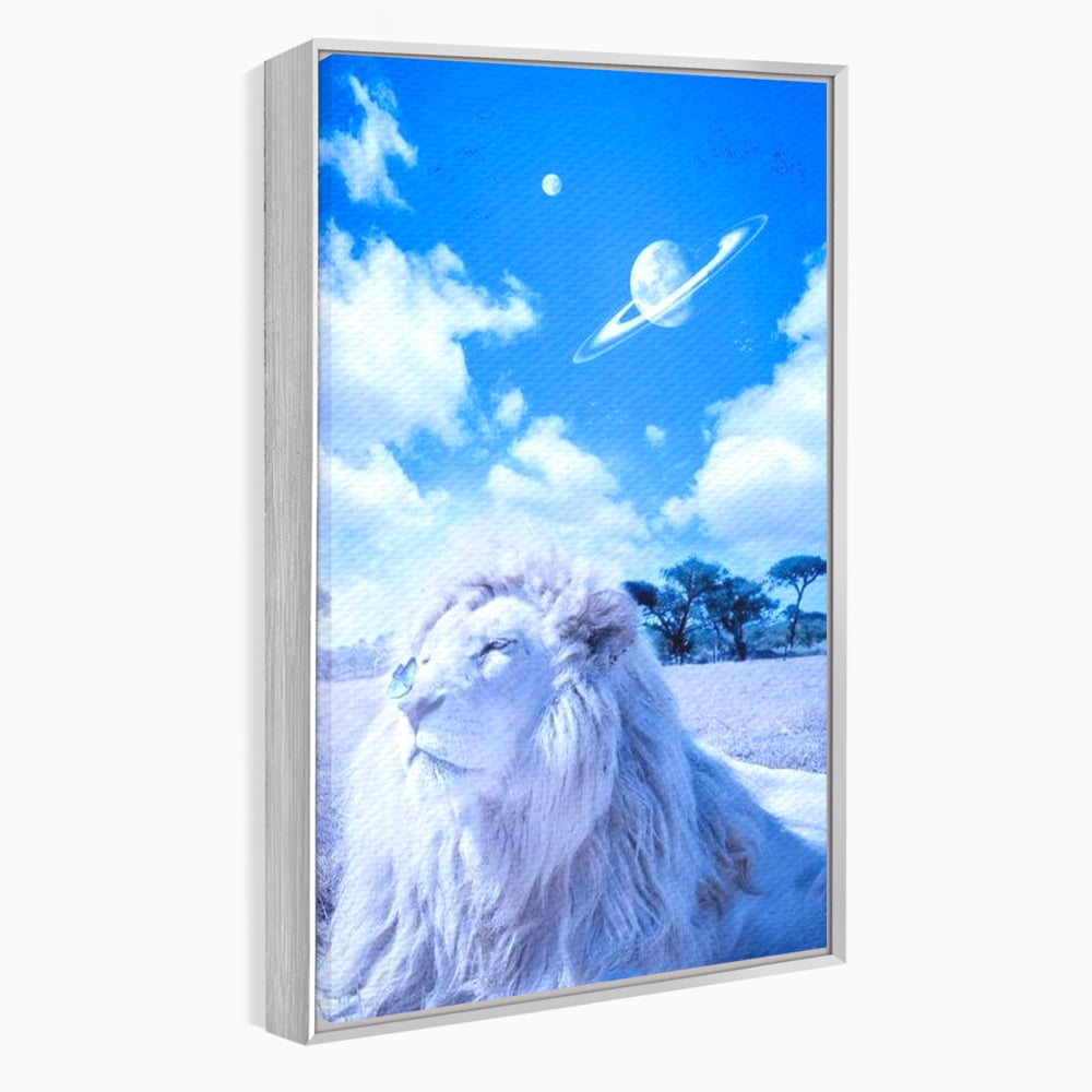 Tablou canvas cu tablou canvas cu leu si planete, in rama de aluminiu argintiu
